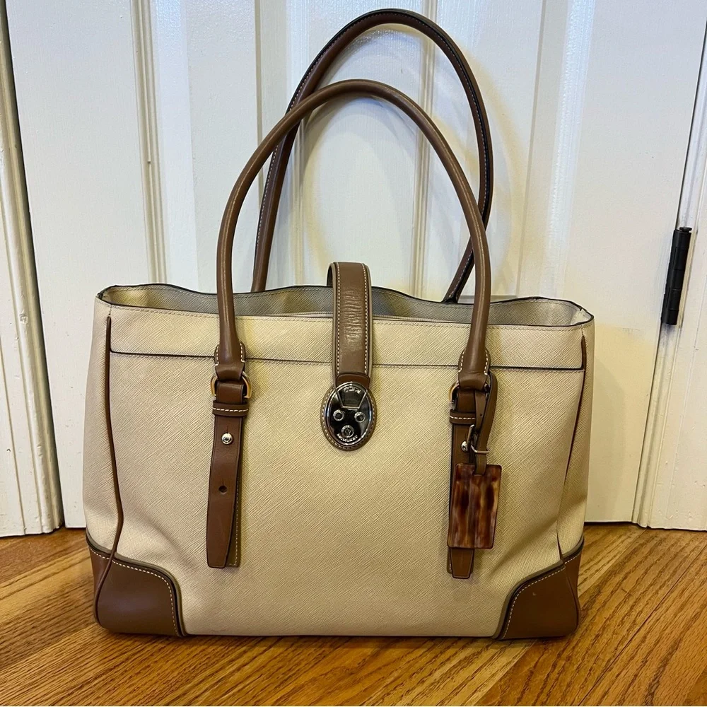 Tumi Voyageur Bailey Business Tote Shoulder Bag Leather Tan Brown Work Travel